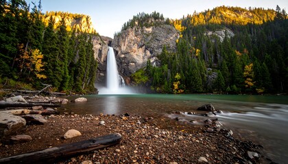Waterfall cascading into a turquoise lake