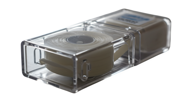 Clear, plastic tape dispenser gleams. Product shot shows detail, ideal for office supply catalogs, craft blogs, or stationary product display.