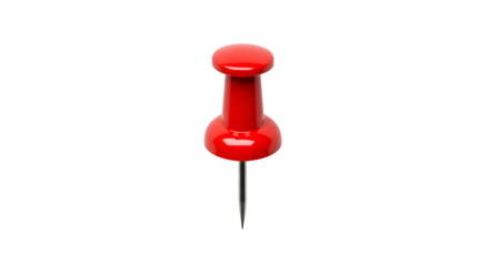 Red push pin with sharp needle reflects light; use for office, school, presentation.