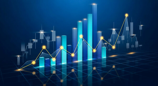A vibrant 3D visualization of financial data featuring glowing blue bars indicating growth and a connecting line graph showing market fluctuations against a dark blue background