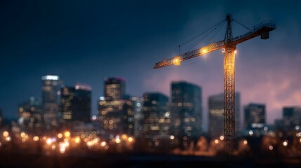 Fototapeta premium Towering crane dominates the cityscape at night