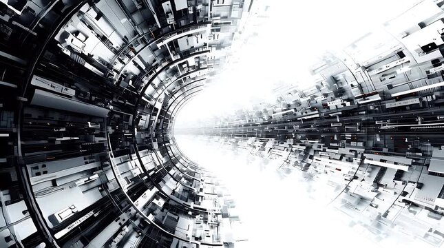 Abstract tunnel of geometric shapes in grayscale