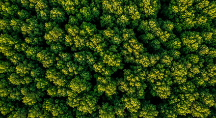 An aerial perspective reveals a dense lush forest canopy Sunlight filters through the leaves creating a textured tapestry of greens and dappled light across the countless tree crowns
