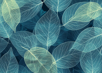 A detailed close-up of translucent leaves, with their intricate veins glowing with vibrant green, yellow, and blue light. The image highlights nature's delicate patterns.