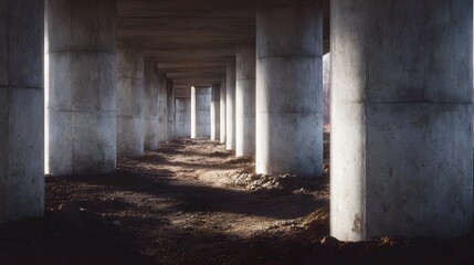 Concrete pillars in a dark industrial tunnel