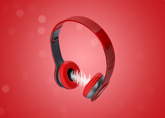 Headphones and sound waves against red gradient background