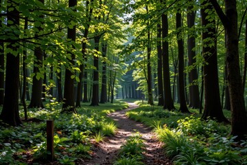 Obraz premium Serene Pathway Through Lush Green Forest with Sunlit Canopy