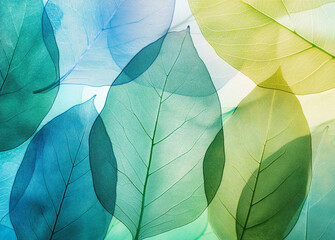 Obraz premium A detailed close-up of translucent leaves, with their intricate veins glowing with vibrant green, yellow, and blue light. The image highlights nature's delicate patterns.
