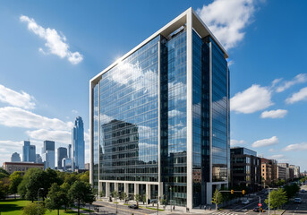 Fototapeta premium Modern skyscraper with glass windows reflecting the blue sky in Moscow