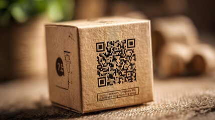 QR code on a kraft box, set against a blurred charming farm scene, emphasizing eco-friendly and sustainable living.