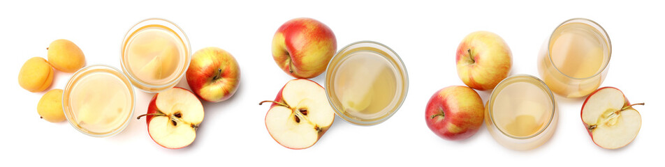 Fresh compot in glasses, top view. Drink made from apples and apricots isolated on white, set
