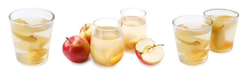 Apple compot in glasses and fresh fruits isolated on white, set