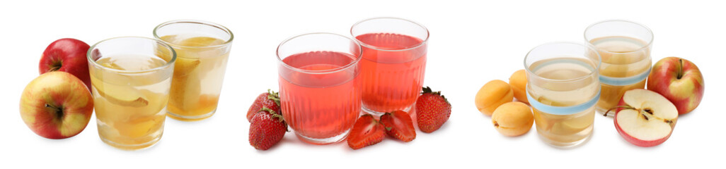 Fresh compot in glasses. Drinks made from apples and strawberries isolated on white, set
