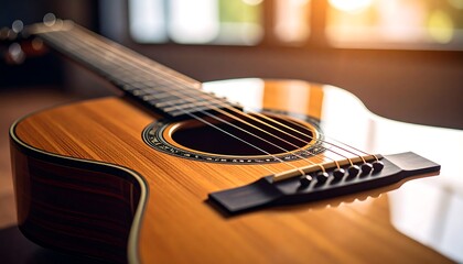 Fototapeta premium Acoustic guitar close up revealing warm wood grain details and ambient light effects in the scene