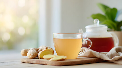 Warm ginger and honey tea clear glass cup with fresh ginger slices wooden board, teapot background, and green plant for cozy, soothing atmosphere