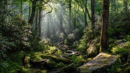 Obraz premium Sunlight streams through misty forest path