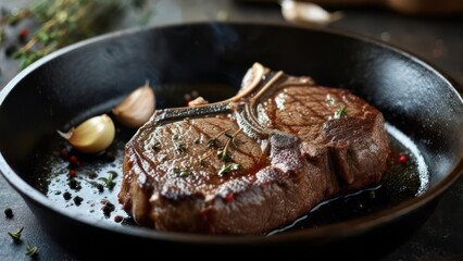 Sizzling steak in a cast iron pan