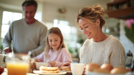 Smiling mother and daughter enjoying breakfast together at kitchen table, while father prepares food in background, creating a warm and loving family scene