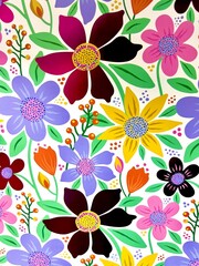 Beautiful colorful floral and green leaf motifs. Suitable for background , texture, textiles, cotton fabrics, covers, wallpaper ideas