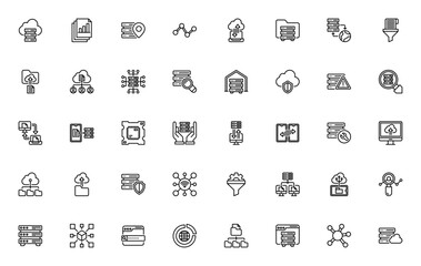 Big Data icon set. Minimal vector icons pack. Includes cloud, server, database, smartphone, IoT, SEO, web, network and more. Editable stroke.