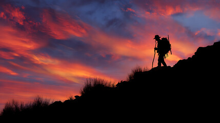 The silhouette of a lone miner against a stunning sunset, embodying the lone wolf spirit of the prospecting adventure