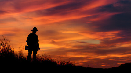 The silhouette of a lone miner against a stunning sunset, embodying the lone wolf spirit of the prospecting adventure (1)