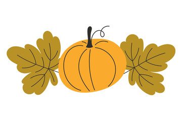 Autumn Fall Flat Style Illustration of Small Yellow Pumpkin Surrounded by Green Autumn Leaves