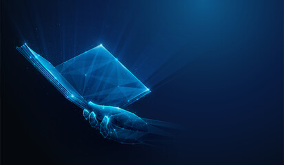 Low-Poly Open Book in Hand. Student flipping through paper pages made of wireframe mesh. Abstract vector illustration depicting reading and exploring literature. Education concept on blue background