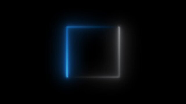 Glowing neon square frame animation. luminous banner animation. white and blue color neon box icon. Neon Figure On Black Background. 4k video...