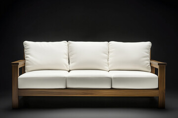 Fototapeta premium A minimalist wooden-framed sofa with crisp white upholstery, sharply contrasting against a rich black background.