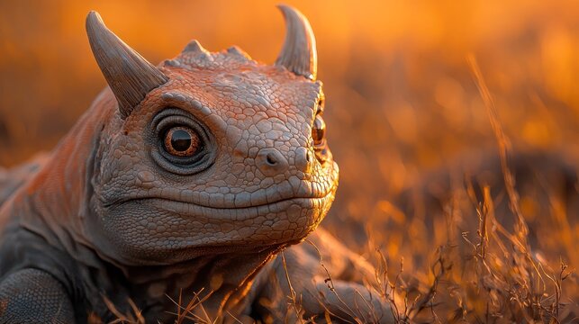Close-up of a fantastical lizard-like creature with horns, in warm golden light
