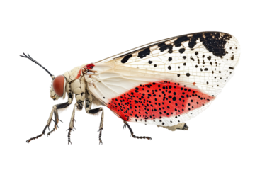 Close-up of a striking insect with red and black markings on its wings.