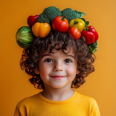 Fresh vegetables make healthy eating for kids fun and engaging with a boy showcasing a creative vegetable hat