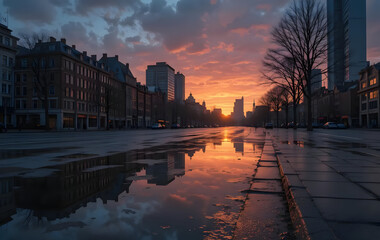 Fototapeta premium Moody Sunset Reflection in City Puddle