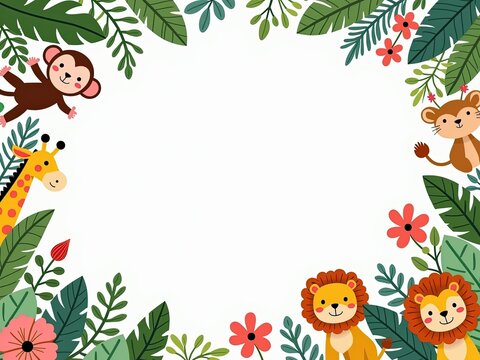 Adorable safari animal border for children's events and announcements. Cute decorative frame template featuring a cartoon lion, snake, and monkey with tropical leaves and space for text