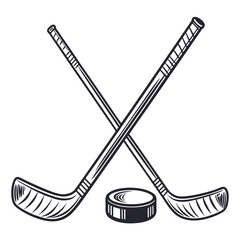 Classic hockey sticks crossed over a puck emblem for sports and recreation
