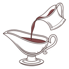 A gravy boat being filled with rich brown gravy from a small pitcher