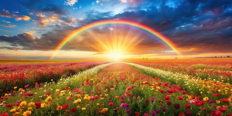 Obraz premium Vibrant Sunset over a Field of Colorful Blossoms with a Majestic Rainbow Arcing Across the Sky