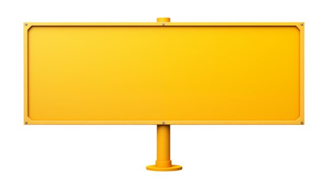 A yellow rectangular sign with a yellow frame and a yellow pole on a black background display space