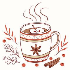 Cozy autumn hot beverage with apple slices and cinnamon sticks