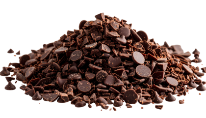 Chocolate chips morsels or drops falling flying isolated on a white background