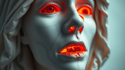 A porcelain mask with cracks revealing molten lava, representing suppressed emotions in aging women.