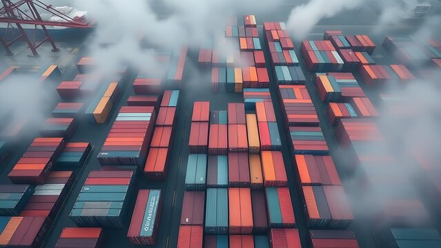 Aerial view of colorful shipping containers arranged in geometric patterns in a misty harbor.