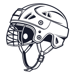 Stylized black and white hockey helmet with protective cage and chin strap