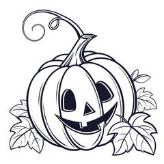 A happy jack o lantern pumpkin surrounded by autumn leaves on a white background