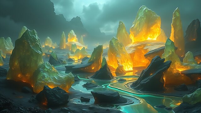 Alien landscape with glowing crystalline formations oozing iridescent liquid, evoking mystery.