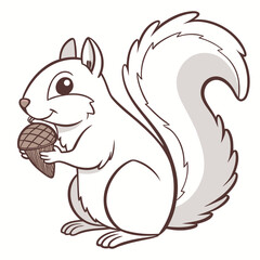 Cute cartoon white squirrel holding a brown acorn with a fluffy tail and dark eyes