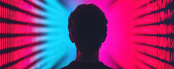 A silhouette of a person against a vibrant backdrop of blue and pink lights, creating a dynamic and engaging visual effect.