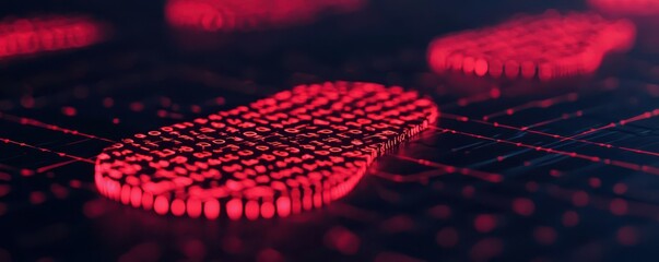 A digital composition featuring a glowing red pattern resembling data points, creating a striking visual effect related to technology and information.