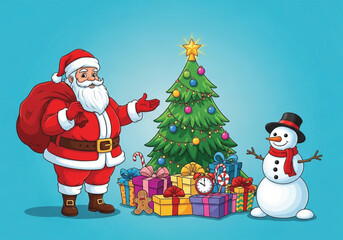 Santa Claus, Christmas Tree, Snowman, and Gifts - Festive Holiday Illustration